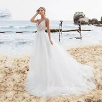 summer beach boho a line wedding dresses spaghetti straps v neck applique lace top tulle floor length custom made bridal gowns