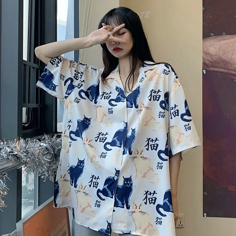 

Kawaii Cat Summer Blouse for Women Ladies Button Up Shirt Japanese Harajuku Clothes Oversized Long Korean Clothing Cardigan