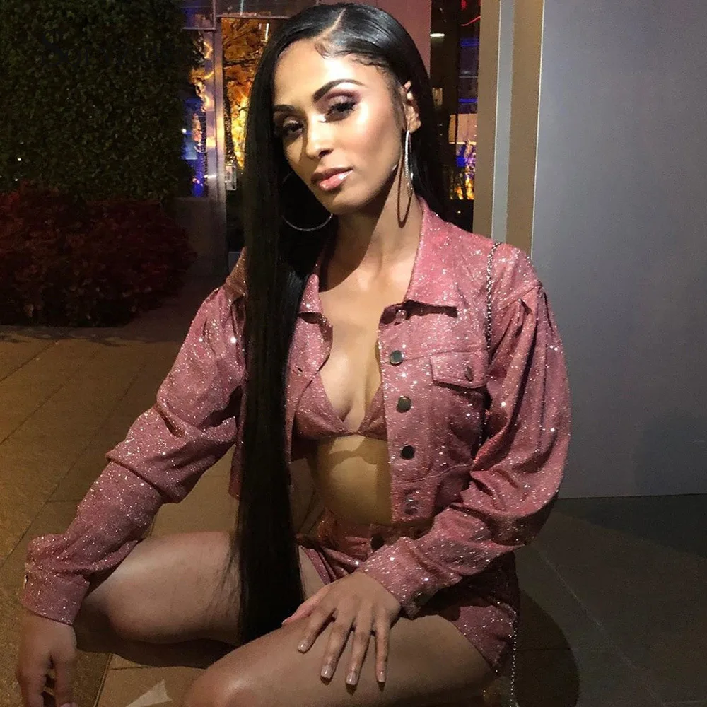 Комплект из 3 предметов Модный Блестящий розовый бюстгальтер + шорты пиджак