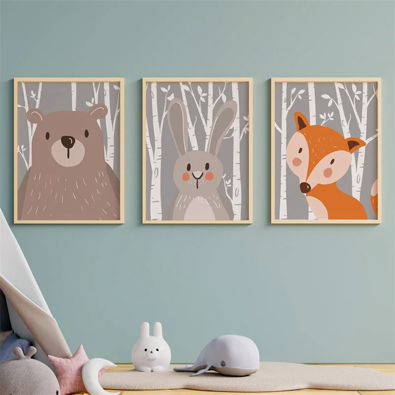

Watercolor Animal Canvas Painting Brown Dog Bunny Fox Picture Cute Cartoon Poster Children's House Living Rooms Decoration