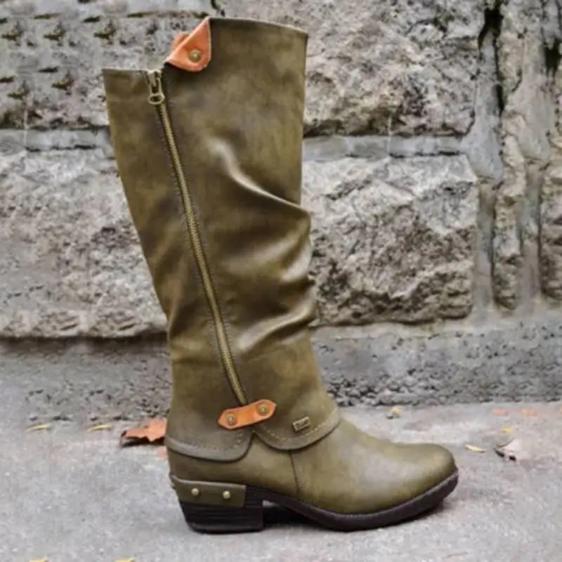 Модная осенне-зимняя обувь Сапоги до колена с пряжкой на плоской подошве Женские