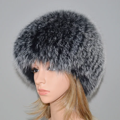 frost black Роскошная шапка из натурального Лисьего меха, женская зимняя вязаная шапка-бомбер из натурального Лисьего меха, женские теплые мягкие шапки-бини из лисьего меха - Цвет: frost black