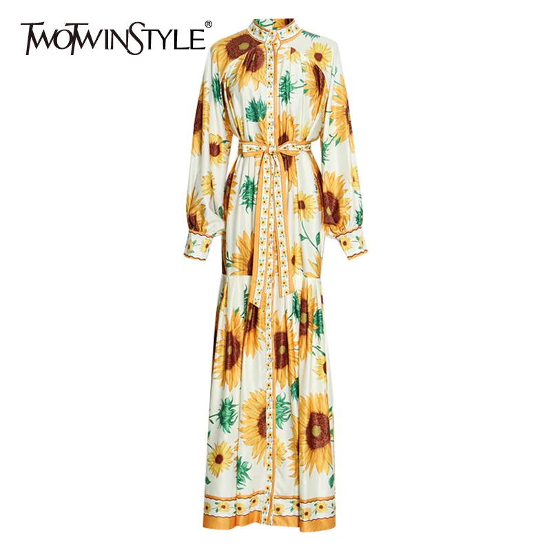 

TWOTWINSTYLE Print Fold Pleated Dress For Women Stand Collar Long Sleeve High Waist Slim Dresses Female 2021 Autumn Clothing New