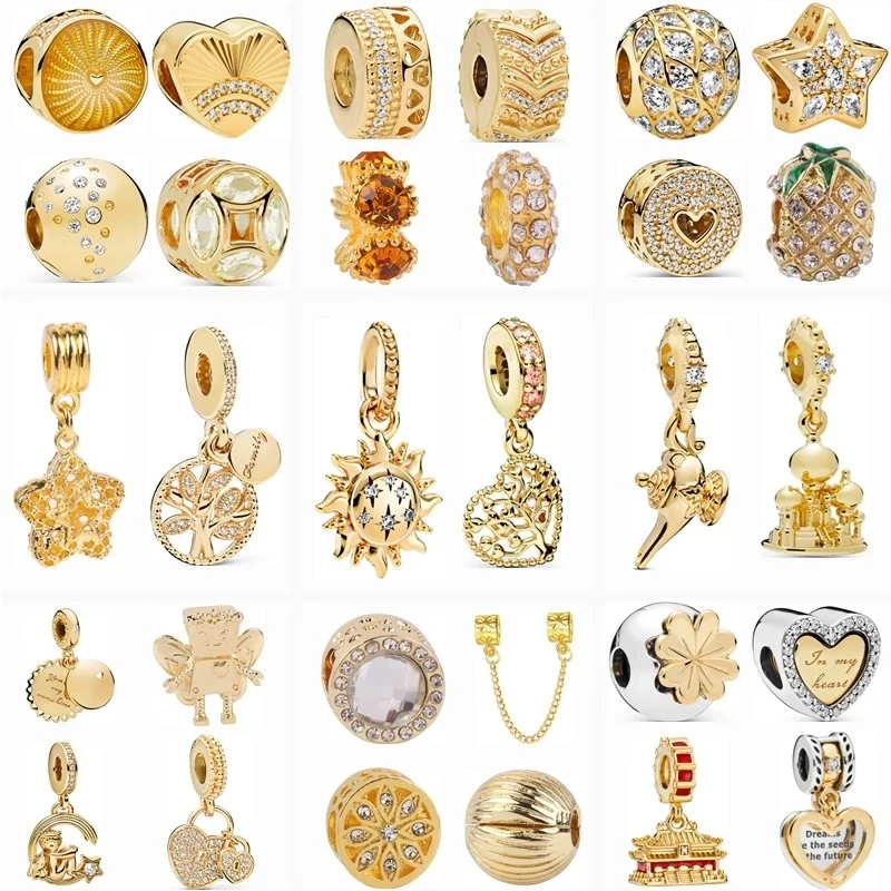 

2021 New Angel Snowflake Butterfly Golden Series Beads Fit Original Pandora Charms Bracelets DIY Silver Color Jewelry Women Gift