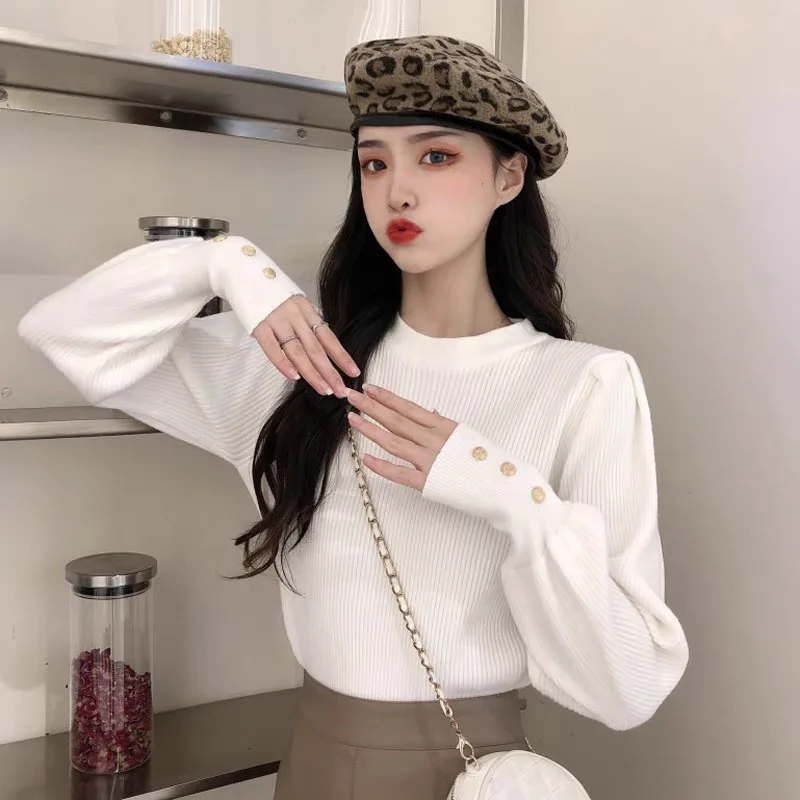 

Loose Puff Sleeves Round Neck Shirt Pullovers for Women Long Sleeves Design Solid Color Slim French Sweater Female