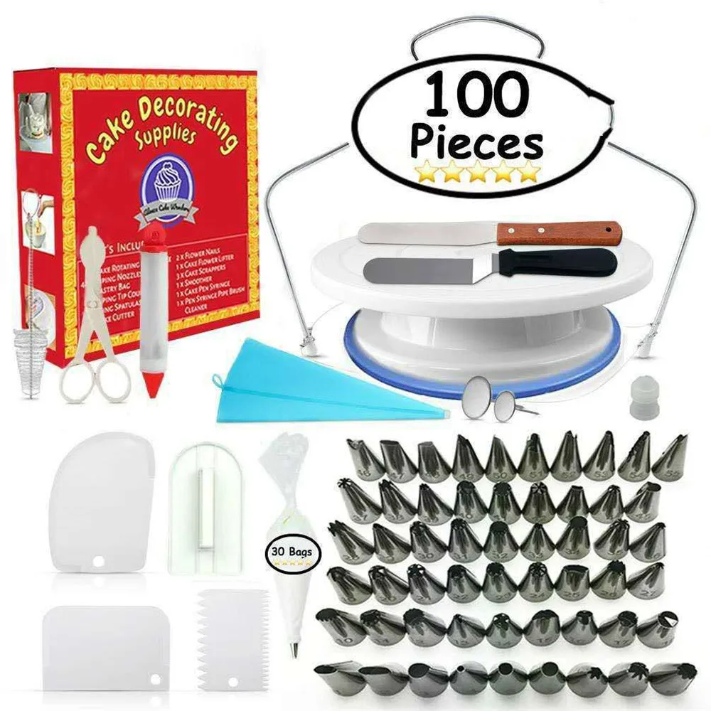 100 PCS Cake Decorating Turntable Bakery Pattern Decorating Tool Packaged Combination Rotating Cake Turntable Decorating Turnt