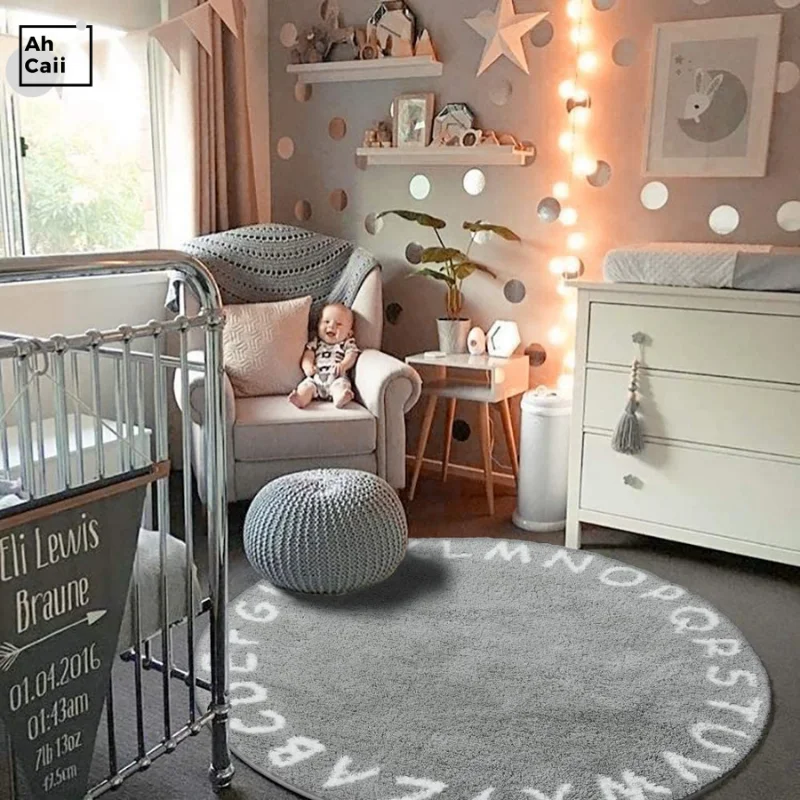 Круглые пушистые коврики для детей Детский ковер с алфавитом серый напольный