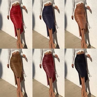 2021 autumn and winter new selling womens fashion sexy slim solid color mid length strappy hip skirt pu leather irregular skirt