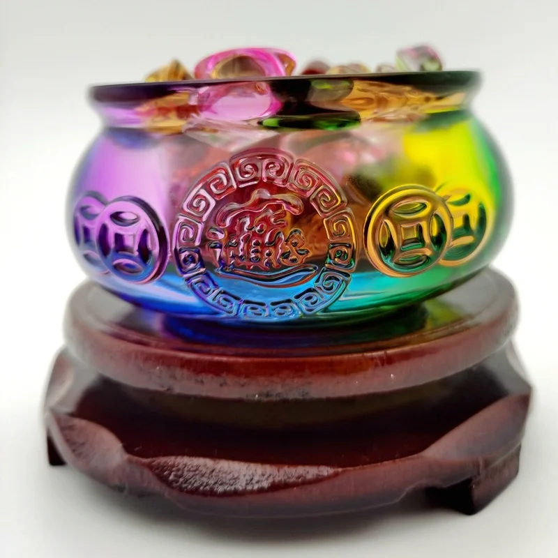 

Multicolor Crystal Glaze Chinese Fengshui Wealth Yuanbao Dragon Treasure Bowl Statue