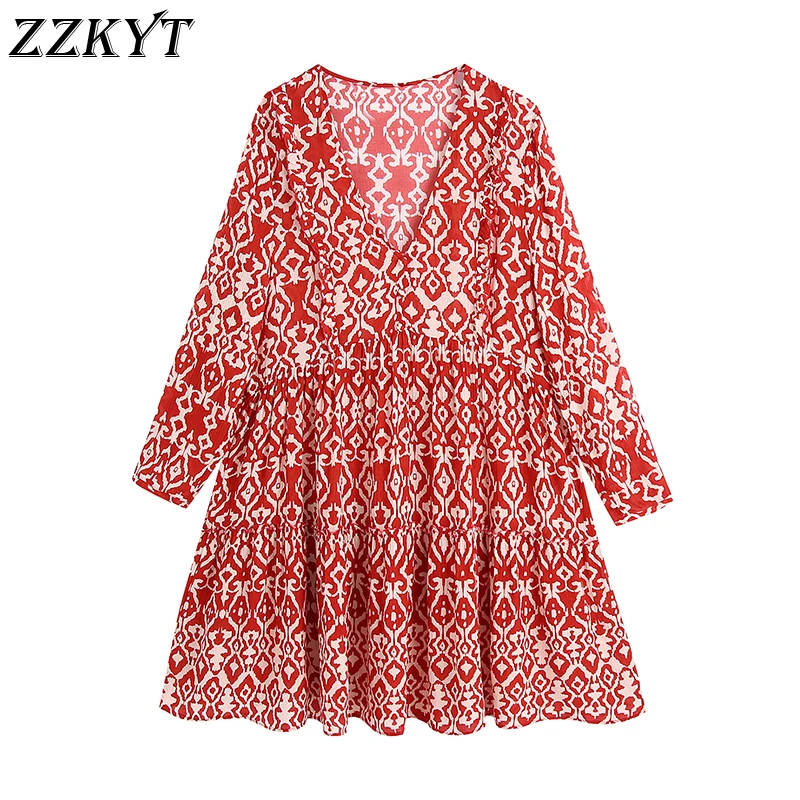 

ZZKYT 2021 женское весеннее модное цветочное мини-платье с оборками Винтажное с V-образным вырезом и длинным рукавом Женские повседневные плать...