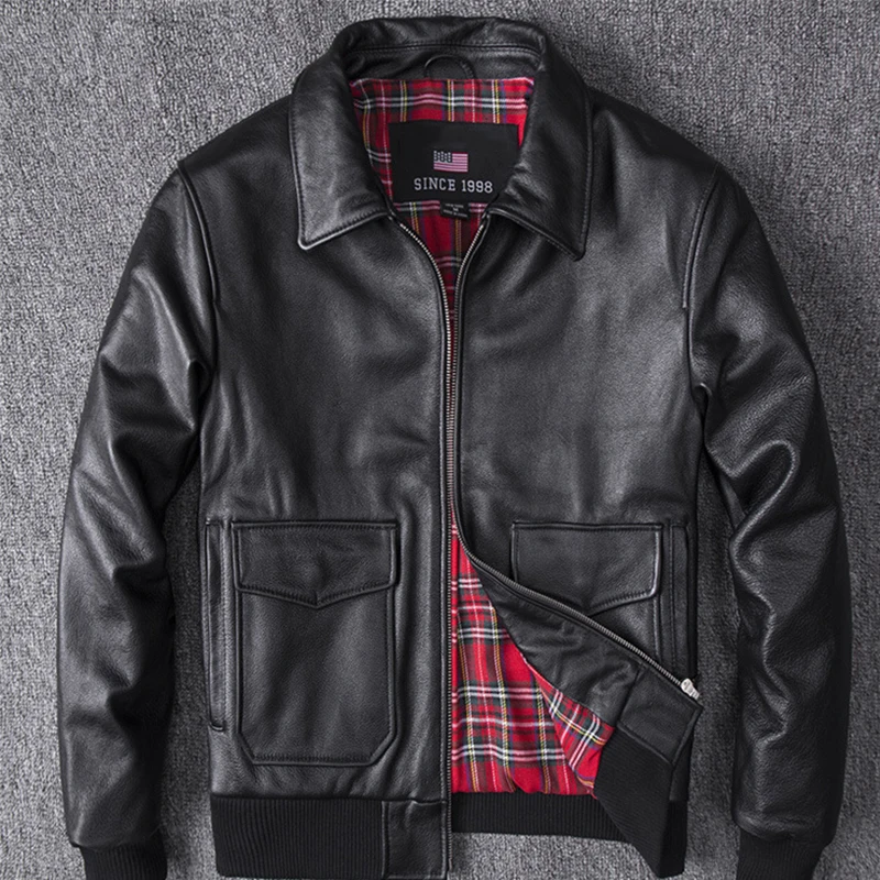 color Men Black solid Genuine Leather Coats Motorcycle Jacket Real Head layer cowhide 4XL new clothing male bomber jacket