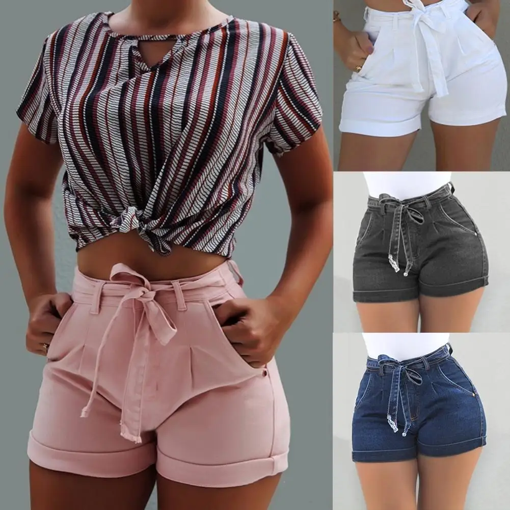 

Модные летние узкие женские джинсовые шорты с высокой талией и поясом