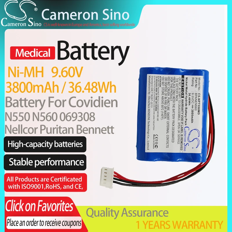 

CameronSino Battery for Covidien N550 N560 fits Nellcor Puritan Bennett 069308 Medical Replacement battery 3800mAh/36.48Wh 9.60V