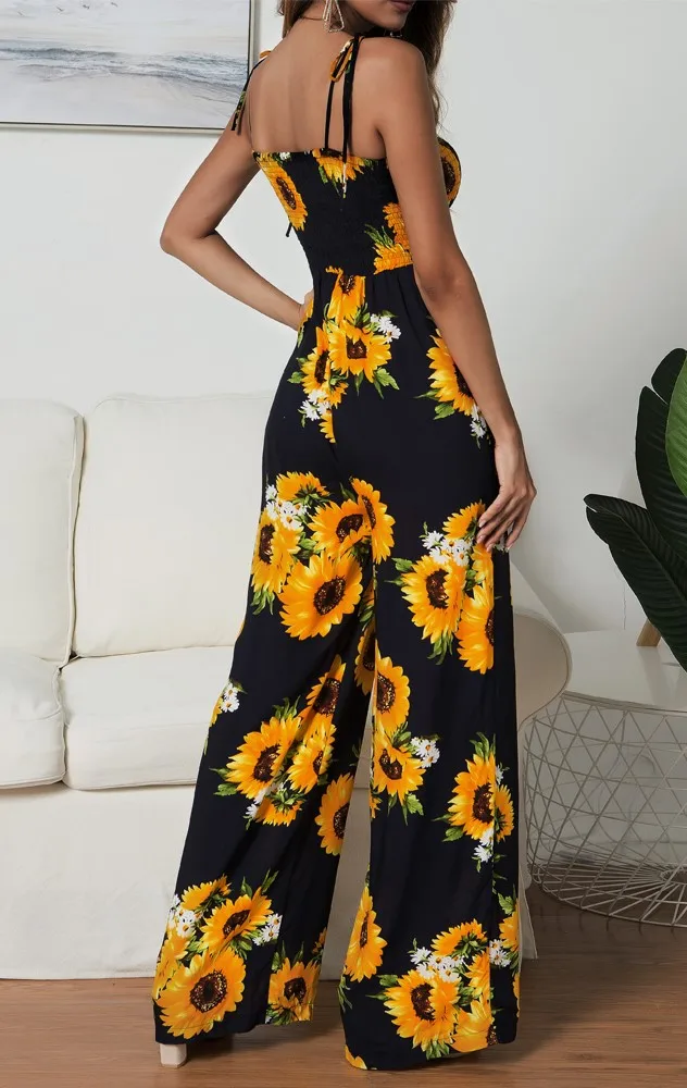 

Lady Sunflower Slim Sling Jumpsuits Rompers Fashion Printed Jumpsuit Female Sexy Wide Leg Casual Jumpsuit Summer Beach Bohemian