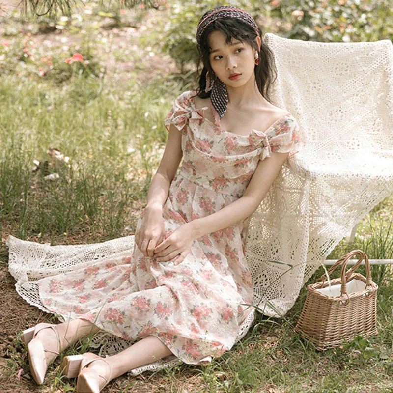 2021 Summer New Vintage Women Fairy Dress French Strap Floral Printed Hollow Out Romantic Vestidos Elegant Florals Chiffon | Женская