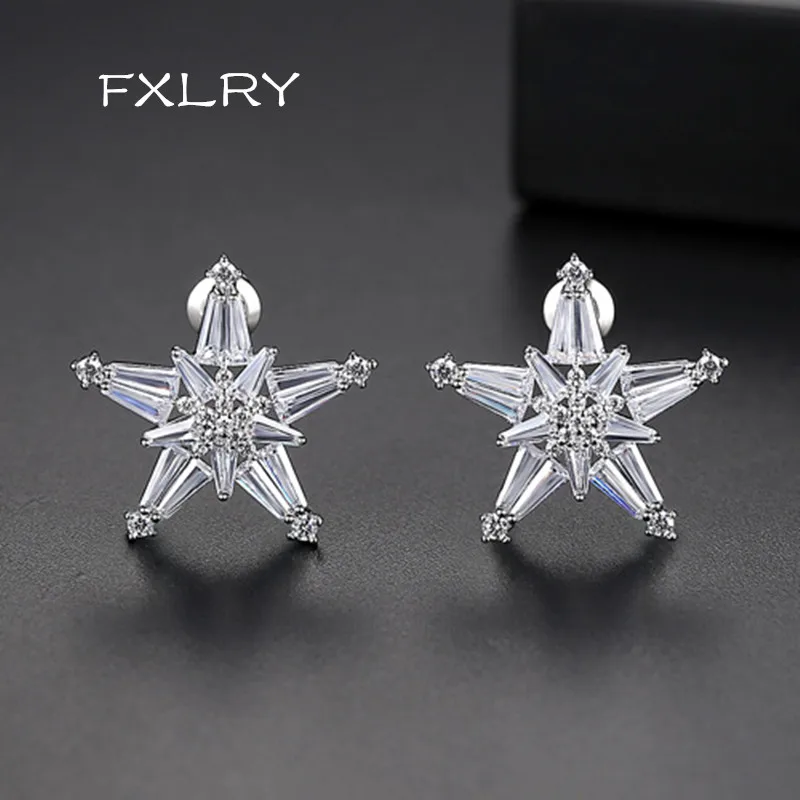 

FXLRY High-grade elegant White Color Zircon Stud Earrings Woman Five Pointed Star Geometry Earrings Fashion Wedding Banquet Jewe