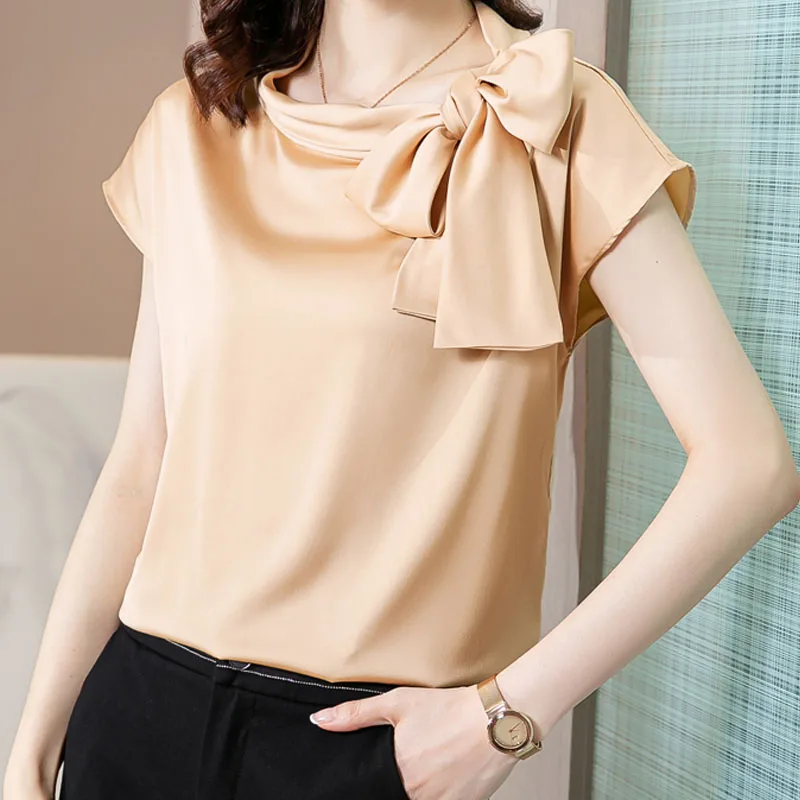 

2022 Summer Silk Satin Shirt Women Butterfly O Neck Short Sleeve Blouse Women Tops Elegant Office Lady Solid Casual 14886