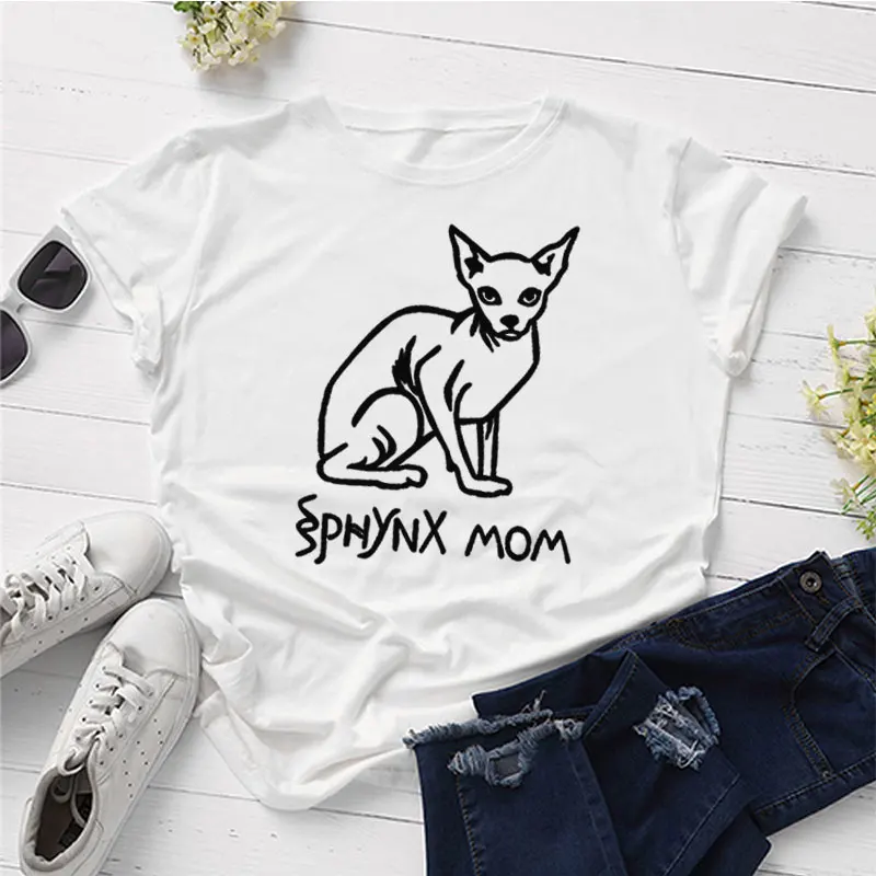Сфинкс мама кошка футболка с надписью Mama мама размера плюс буквы женские футболки 90s хлопок Круглый вырез Kawaii рубашка с коротким рукавом футболки для девочек - Цвет: Белый