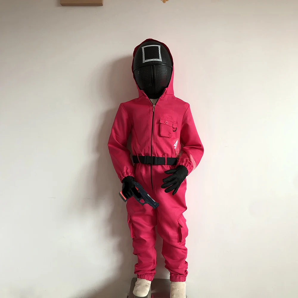Toan Kids Adult Red Soldier Costume Cosplay Jumpsuit Logo Face Square  Triangle Plastic Face Full Set Halloween Party Costume