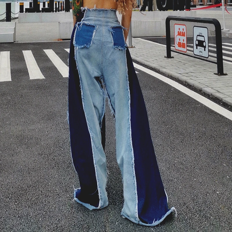 Женские широкие джинсы с высокой талией потертые расклешенные цветными блоками |