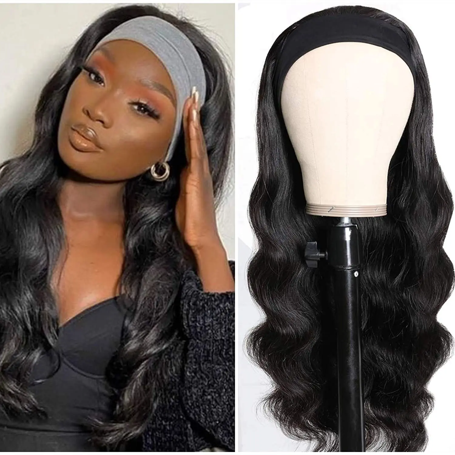 

Synthetic Long Wavy Headband Wig Black Brown Body Wave Headband Wigs For Women Natural Hair for Daily Party Wear Easy to Wear
