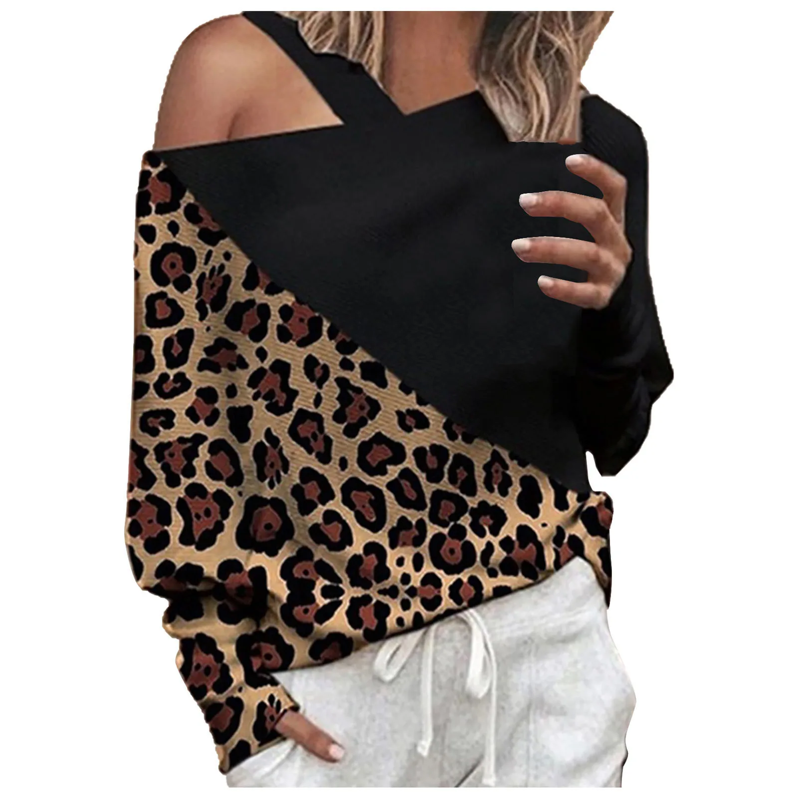 women sweetshirts Women Fashion Long Sleeve Blouse Splicing Sleeves Tops Chiffon Leopard Shirt