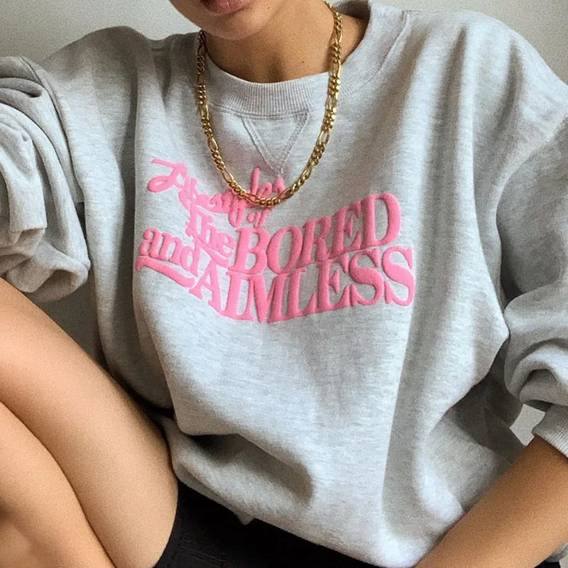 

Light Gray Pink Letters Printing Oversized Sweatshirt Women O-neck Warm Winter Tops New Brand Designer Girls Casual Streetwear