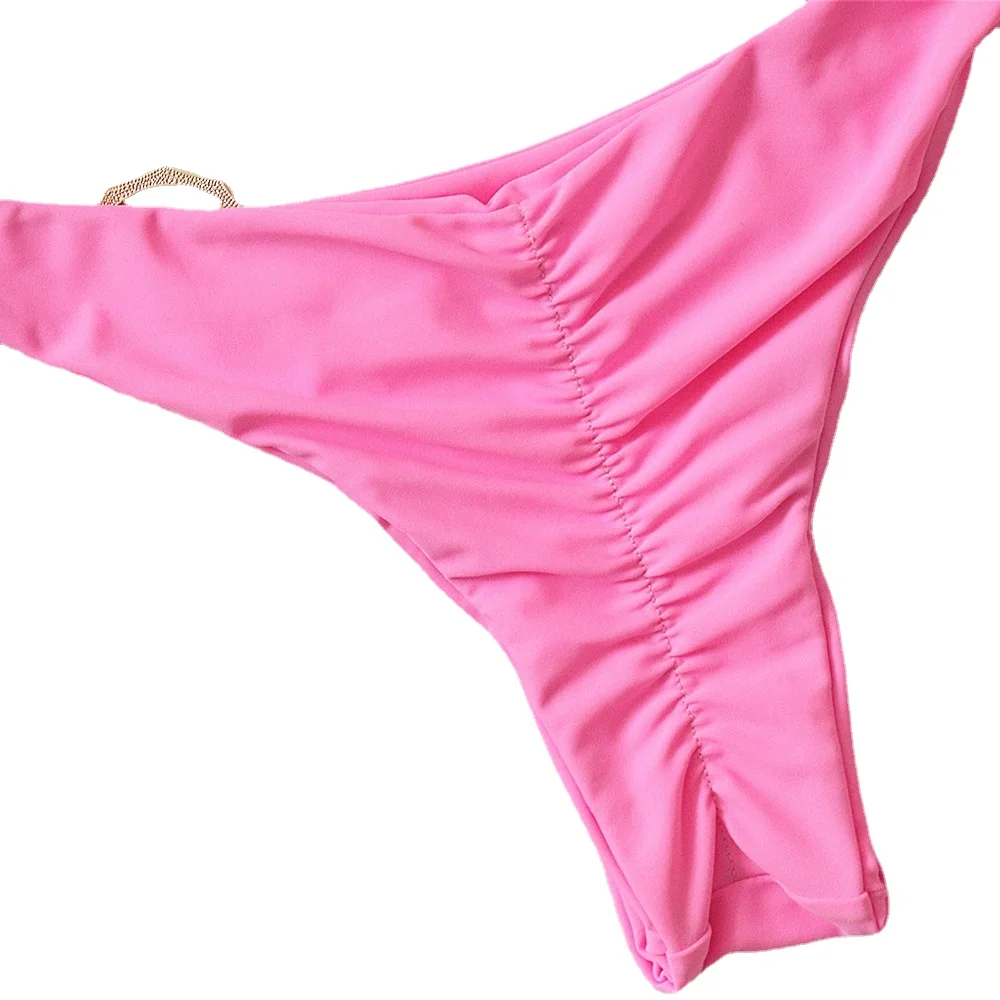 

2021 new solid color strappy female split swimsuit sexy hollow metal accessories bikini European and American swimsuit