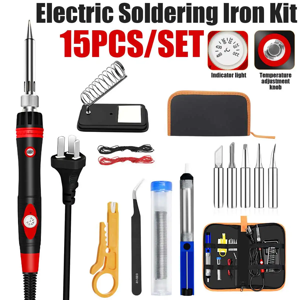 

15pcs 80W Electric Soldering Iron with light Kit Temperature Adjustable 220V Welding Tool Ceramic Heater Soldering Tips Rework