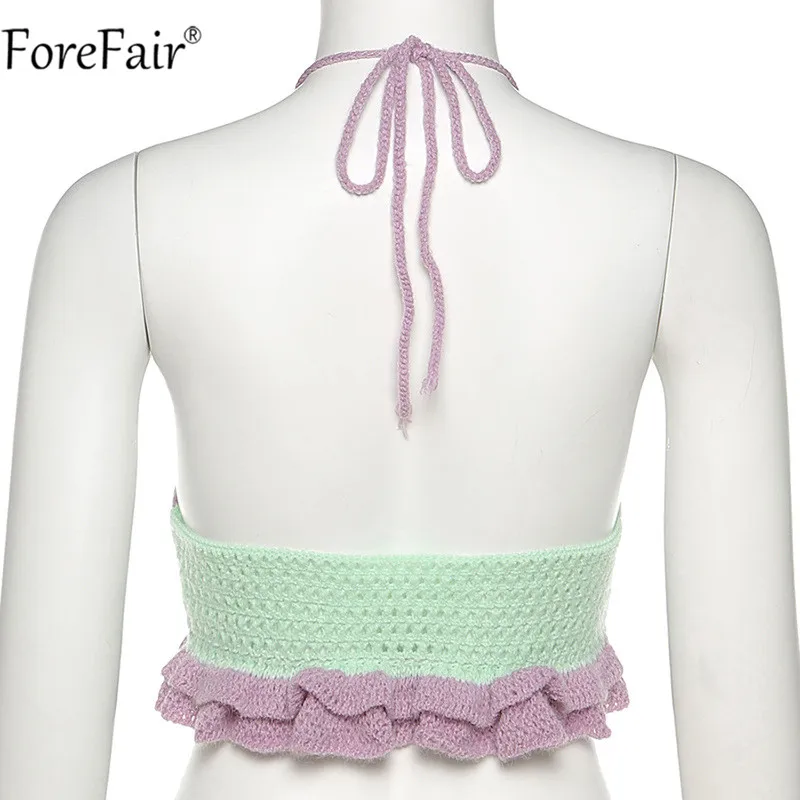 

Forefair Summer Pink Deep V Neck Knit Y2k Crop Top Women Halter Camisole Backless Bandage Ruffle Blue Sexy Tank Top Fashion 2021