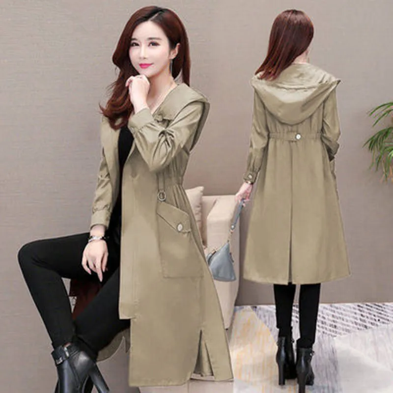 Женский Тренч длинный женский осенне весенний модный Свободный плащ с капюшоном
