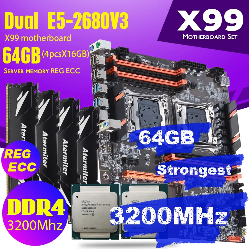 

Atermiter Dual X99 материнская плата с 2011-3 XEON E5 2680 V3 * 2 с 4 шт. X 16 ГБ = 64 Гб DDR4 3200 МГц память комбинированный комплект