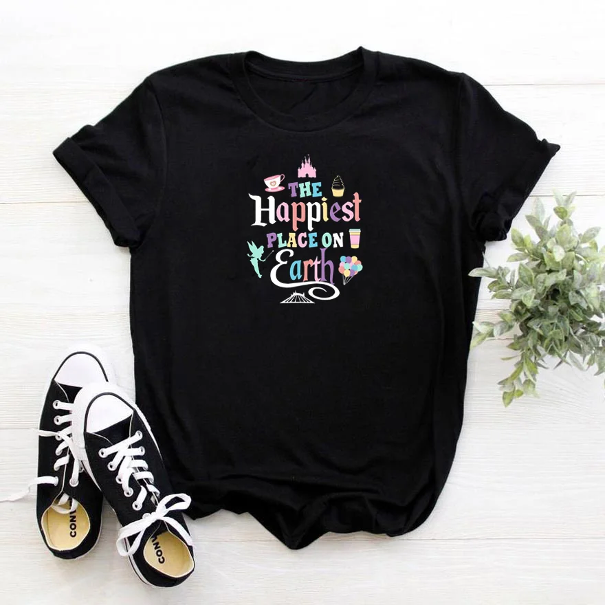 

The Happiest Place on Earth T Shirt Women Funny Color Printing Tshirt Women O-Neck Tee Shirt Femme Black Loose Women T-shirts