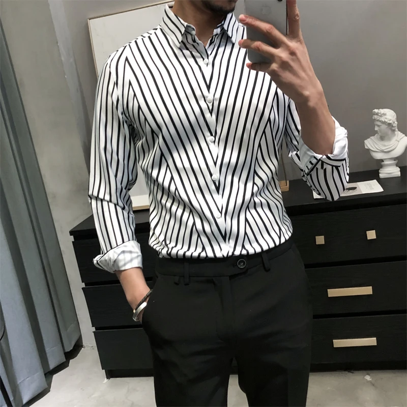 

Men Fashion British Style Business Work Shirts 2021 Mens Long Sleeve Irregular Striped Shirts Slim Fit Digital Print Prom Tuxedo