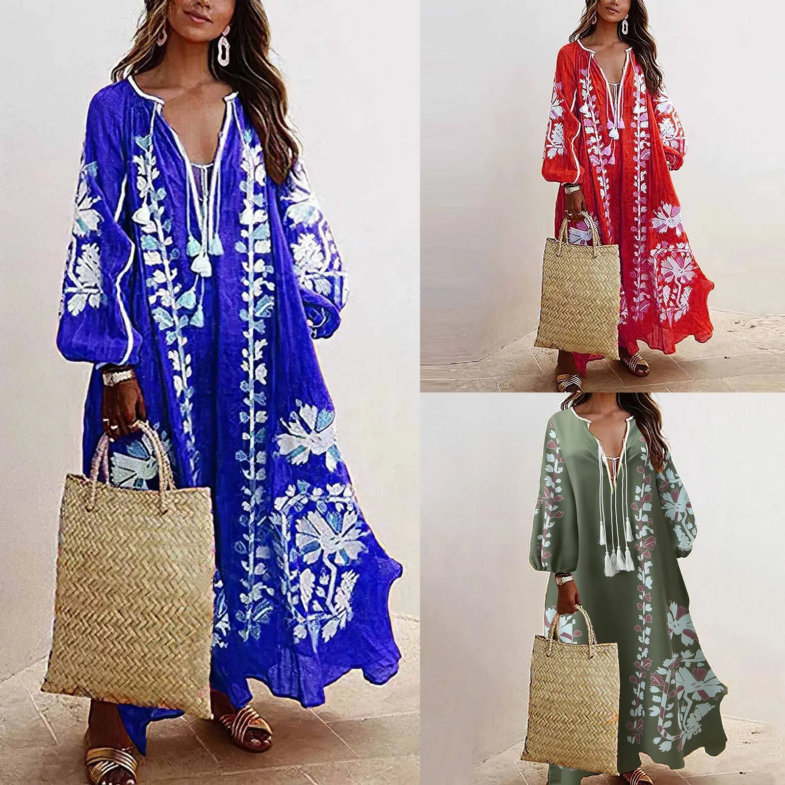 

Fashion Print Loose Dress Women Casual Sexy V-neck Long Puff Sleeve Streetwear Beach Holiday Dress Summer Female Plus Size Dress