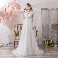 new deep v neck wedding dress embroidery full sleeves lace up elegant plus size wedding gowns for women vestidos de novia g038