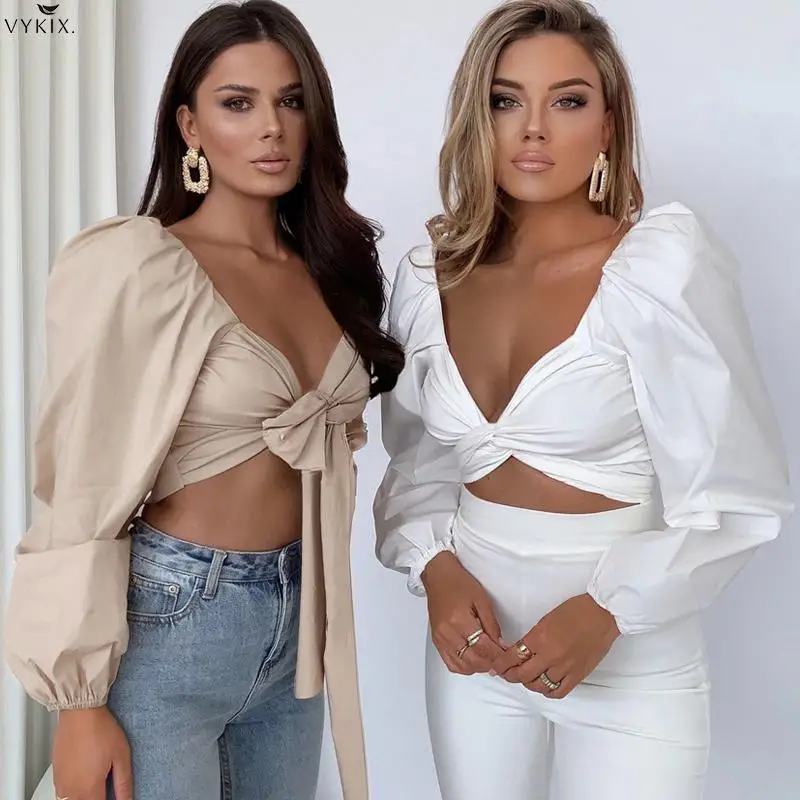 

Cheap Women Soild Puff Long Sleeve Crop Top Lace Up Shirts Elegant Party Clubwear Streetwear Korean Sytle 2021 Autumn Winter New