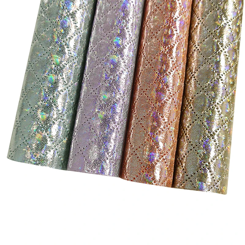 

Metallic Shiny Glitter Laser Reflective Diamond Embossed PU Synthetic Leather Fabric Cotton Backing for Making Bag Belt Cloth