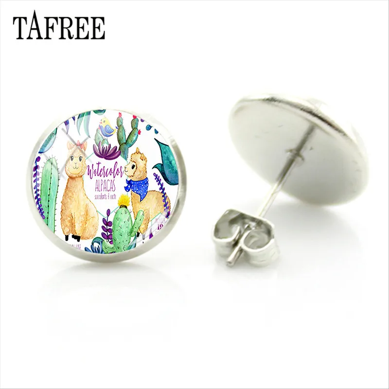 YT06 TAFREE, серьги-гвоздики из альпаки с изображением животных ламы, художественное изображение, стеклянный кабошон, очаровательные серьги для девочек и женщин, ювелирные изделия ручной работы, Gtifs YT13 - Окраска металла: YT06