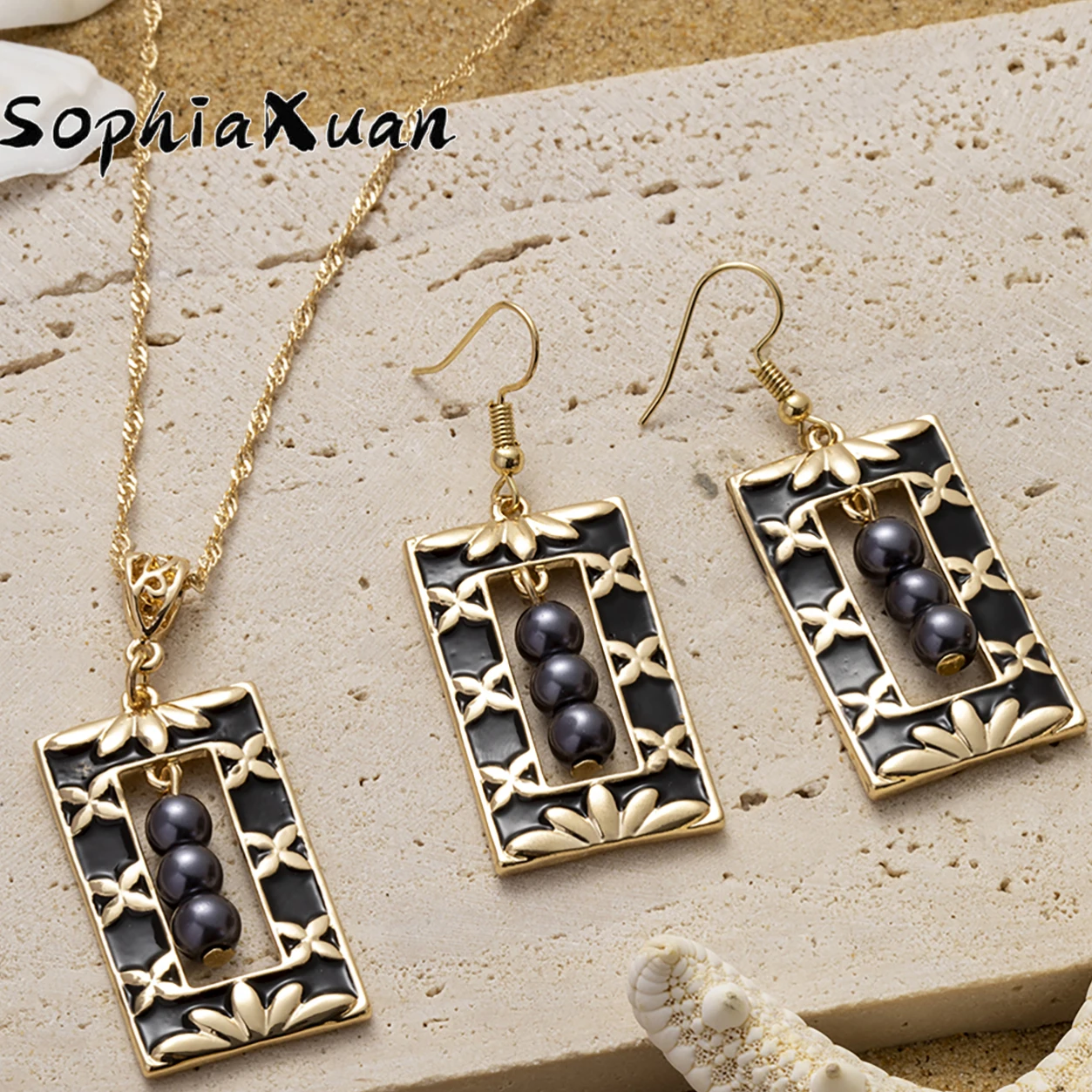 SophiaXuan Hawaiian Jewelry Geometry Pearl Earrings and Necklaces Set Fashion Wholesale for Women Party | Украшения и аксессуары