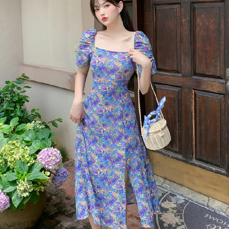 

Женское шифоновое платье с цветочным принтом, длинное винтажное Повседневное платье для отпуска в стиле ретро, подиумное облегающее элеган...