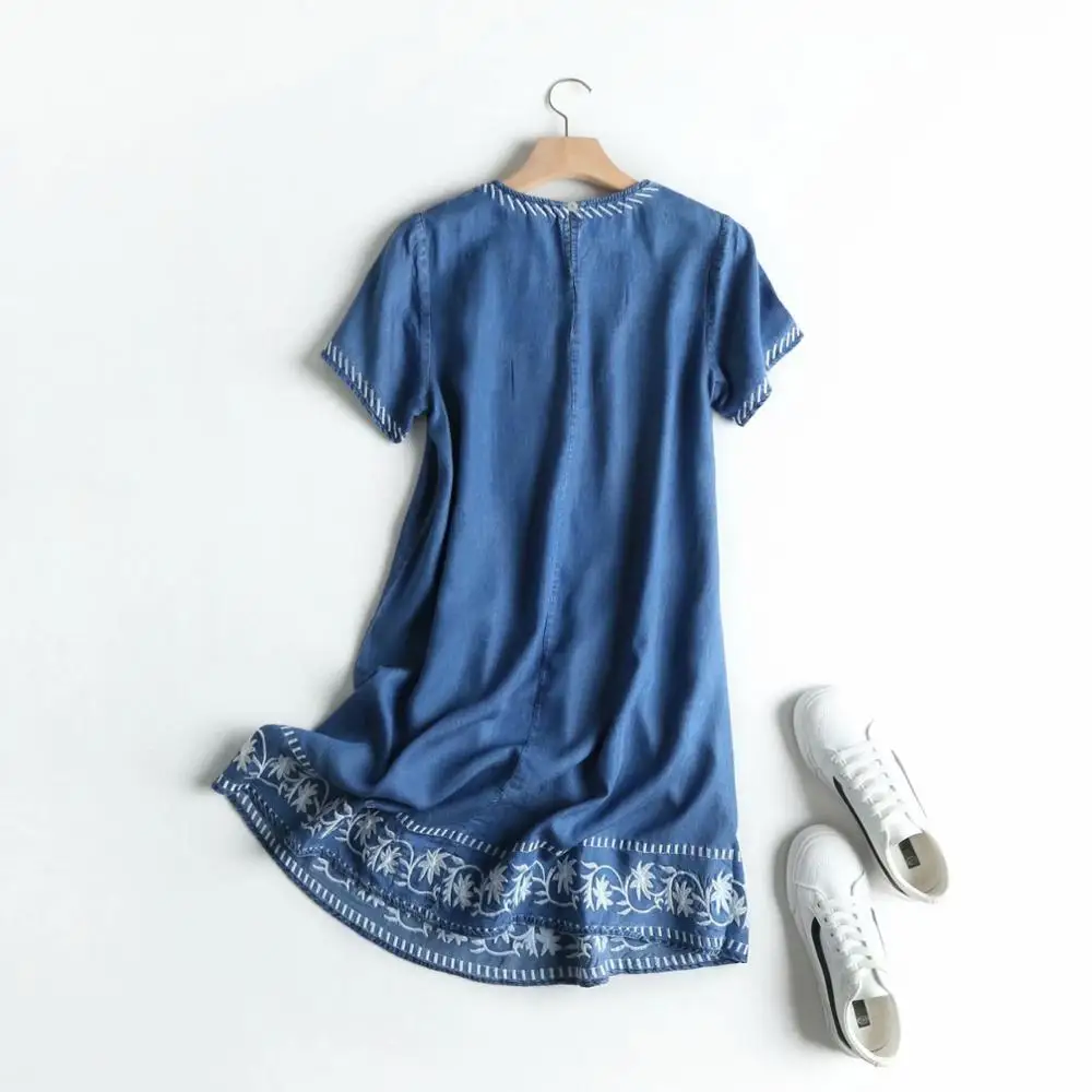 Летнее джинсовое платье с вышивкой женские мягкие джинсовые платья круглым