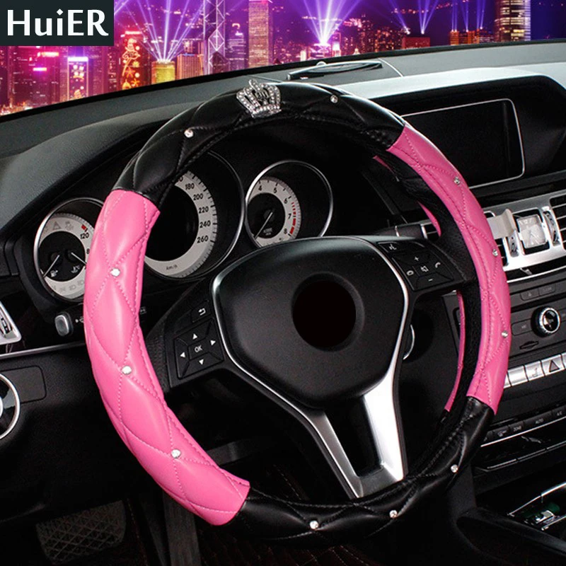 

HuiER Steering Wheel Cover Crystal Rhinestone covered 8 Styles Anti-slip For 38CM Car Styling Steering-wheel For Girl Women