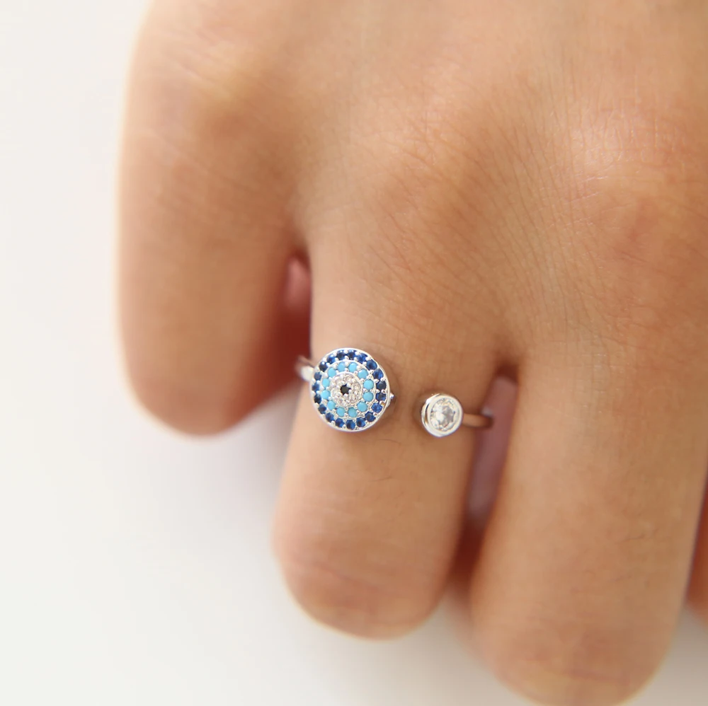 Розовое золото открытые кольца со сглаза с синим черным смешанным фианитом новое