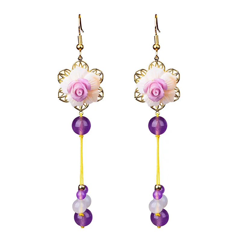 Серьги-подвески с нефритовыми цветами Амулет из халцедона и агата модный