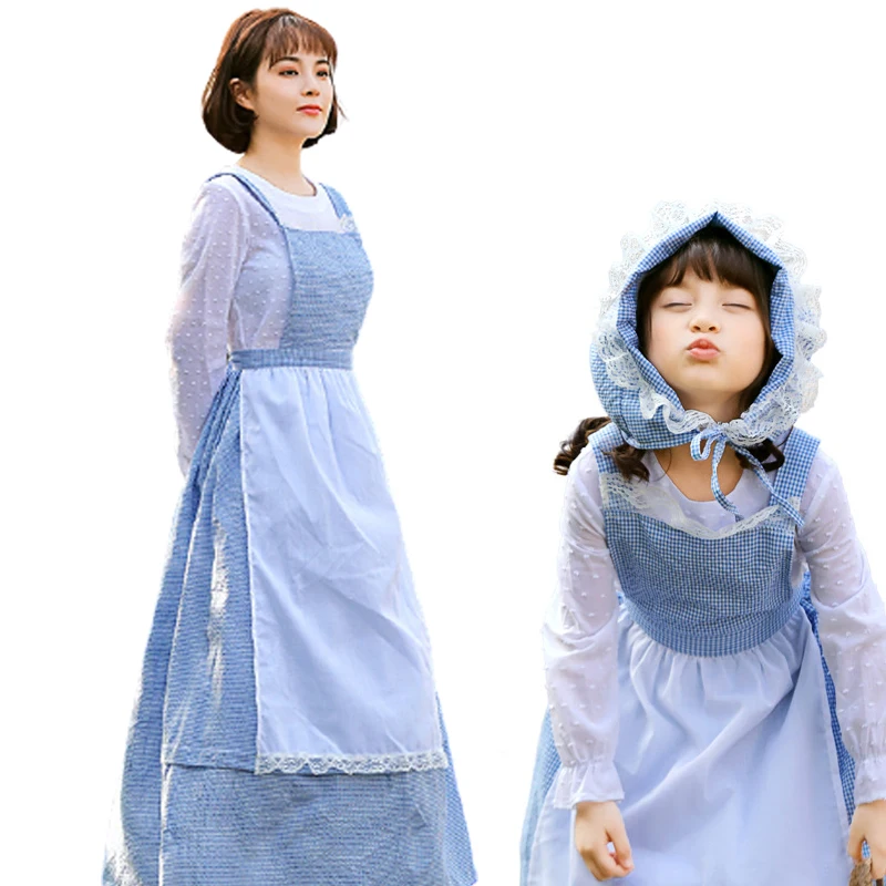

France Blue Plaid Dress Prairie Style Photo Shooting Costume Cute Sweet Parent-child Outfit Farm Girl Halloween Cosplay Costume