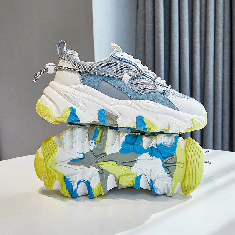 

Women Chunky Sport Shoes Cowhide Sneakers Vulcanized Shoes Dad Thick Soles Breathable Mesh Ladies Casual Platform Footwear