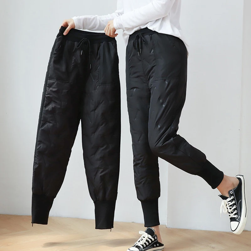 

ASHEYWR New Thicken Loose Pants Women High Waist Drawstring Keep Warm Trousers Black Casual Pocket Autumn Winter Pants Female