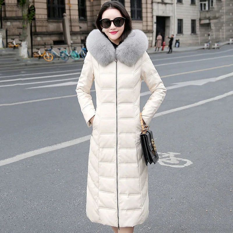 M-7XL Women Leather Down Coat Winter 2022 Fashion Hooded Real Fox Fur Collar Slim Sheepskin Leather White Duck Down Overcoat