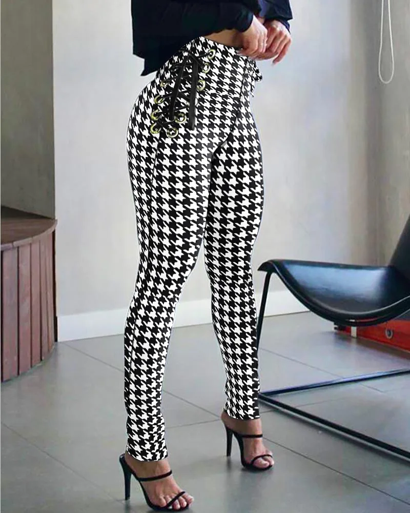 

Houndstooth Print High Waist Eyelet Lace-up Skinny Pants